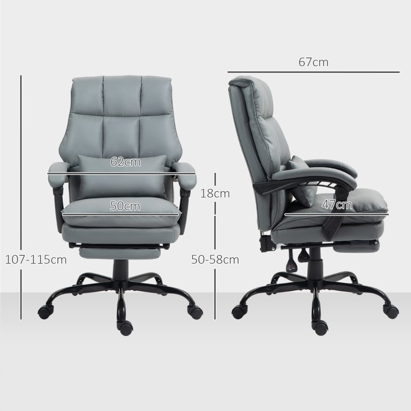 HOMCOM Executive Office Chair with Footrest, PU Leather High Back Desk Chair with Lumbar Support, Swivel Computer Chair with Adjustable Height and Padding Armrests, Grey