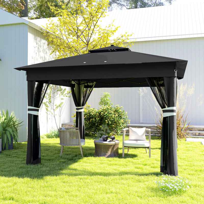 Outsunny 3 x 3(m) Pop Up Gazebo with Sides, 20 Solar-Powered LED Lights, Netting, Roller Bag, 4 Weight Bags, Marquee Party Tent, Height Adjustable Instant Event Shelter, Black