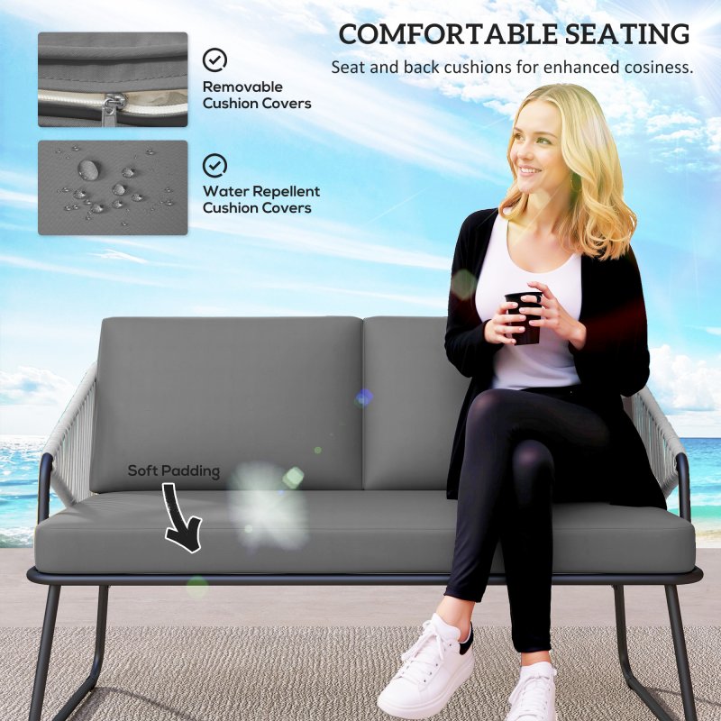 Outsunny 4 Piece Rattan Garden Furniture Set, Wicker Patio Outdoor Furniture Set with Loveseat, Armchairs, Glass Top Coffee Table and Cushions for Patio, Conservatory, Balcony, Grey