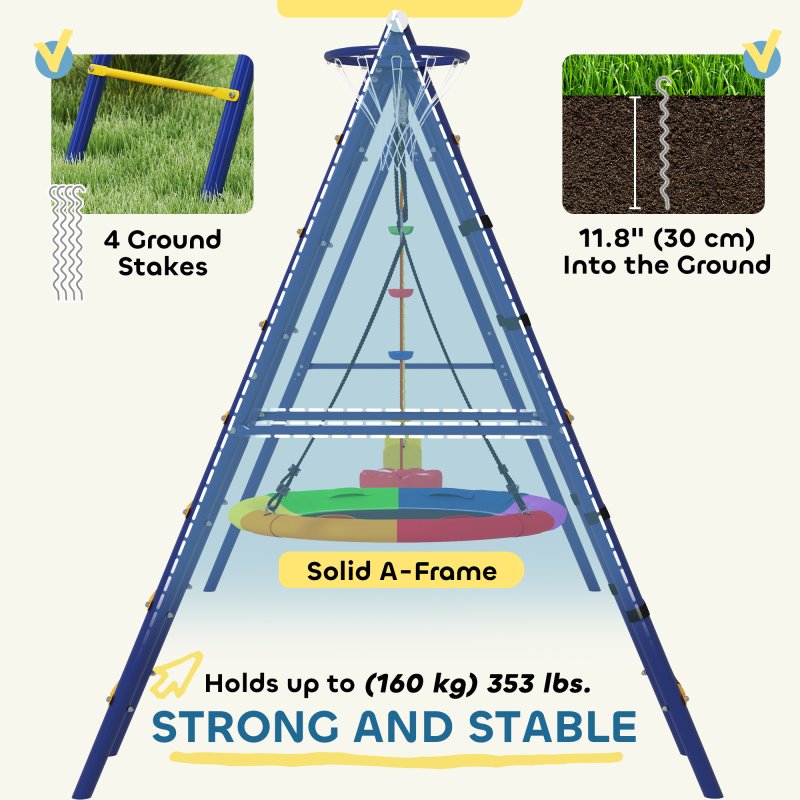 AIYAPLAY 6 in 1 Kids Swing Set, Metal Swing with 3 Swings, Basketball Hoop, Climbing Ladder and Net, Heavy Duty A-Frame Garden Swing Kids Outdoor Children Playground for Ages 3-8