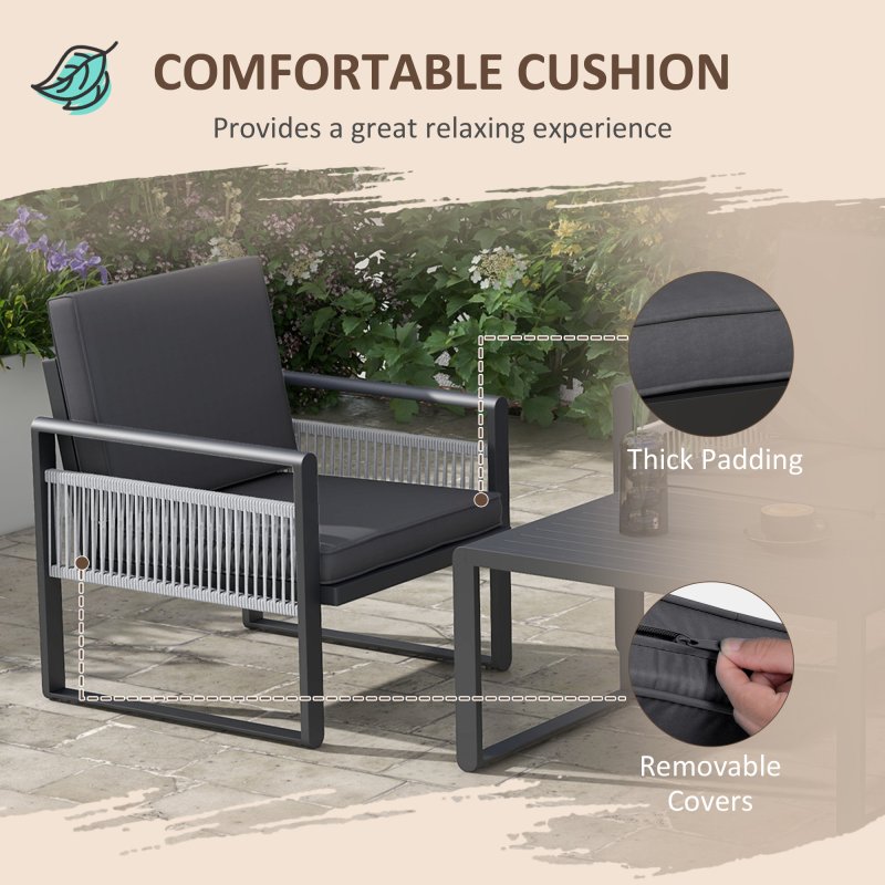 Outsunny 4 Pieces Aluminium Garden Furniture Set with Cushions, Patio Furniture Set with Slatted Aluminium Top Coffee Table, Sofa Set with Rope Decoration Weave Armchairs, Black