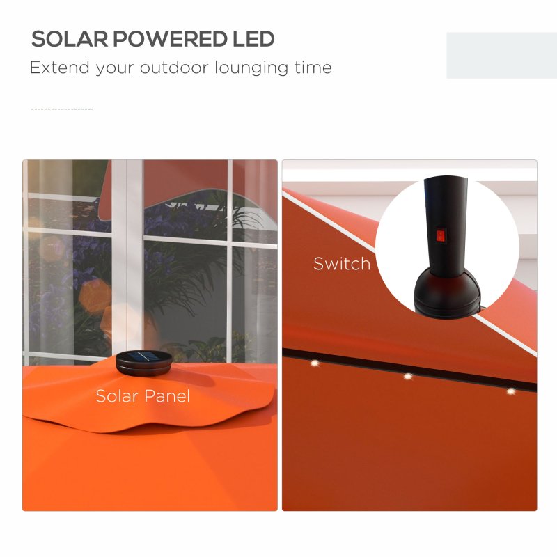 Outsunny 3(m) Garden Parasol Umbrella with 32 Solar LED Lights and Tilt, Outdoor Market Table Umbrella Sun Shade Canopy with Crank, 8 Ribs, Orange