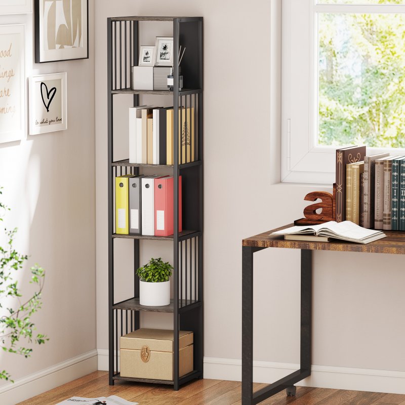 HOMCOM 5-Tier Bookshelf, Modern Tall Bookcase with Steel Frame, Freestanding Display Storage Unit for Living Room, Bedroom, Study, Home Office, Grey