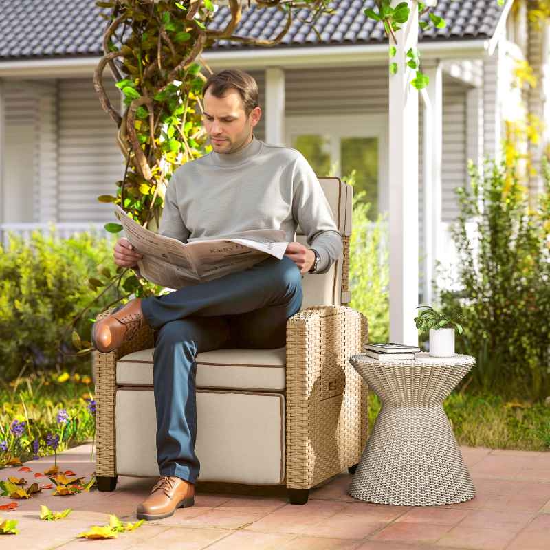 Outsunny Rattan Garden Recliner Chair, Adjustable Backrest Reclining Rattan Chair with Flip Table, Cushion and Footrest, Indoor Outdoor Lounge Reclining Sun Lounger for Patio, Khaki/Beige