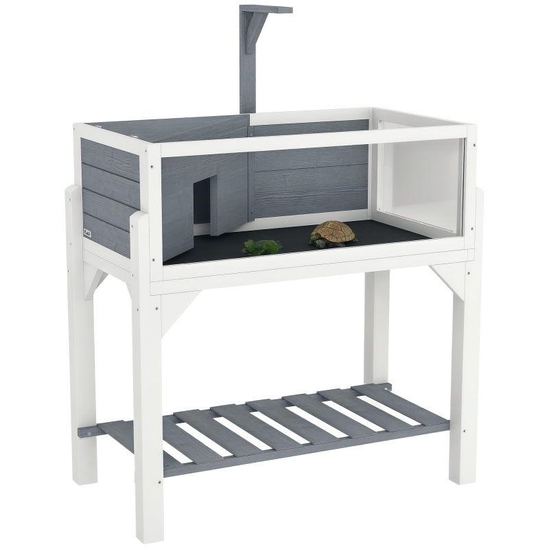 PawHut Wooden Tortoise House with Storage Shelf, Tortoise Enclosure Habitat with Clear Windows, Lamp Holder, Openable Top, Built-in Tray, for Indoor Use, Grey