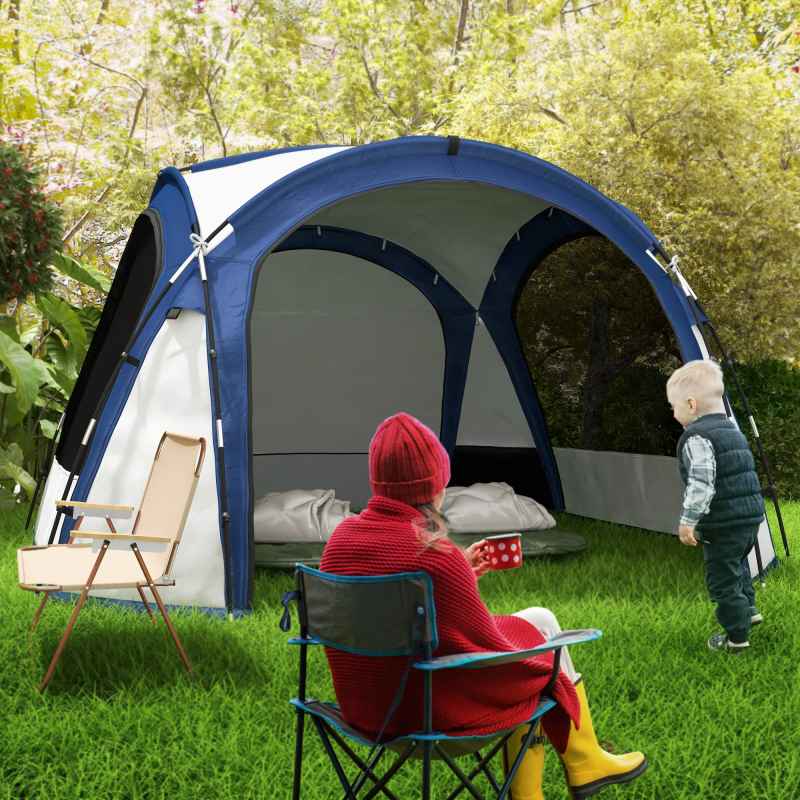 Outsunny Dome Tent for 6-8 Person, Camping Tent with 4 Zipped Mesh Doors, Removable Polyester Cloth, Lamp Hook, Portable Carry Bag, Screen House, White and Blue