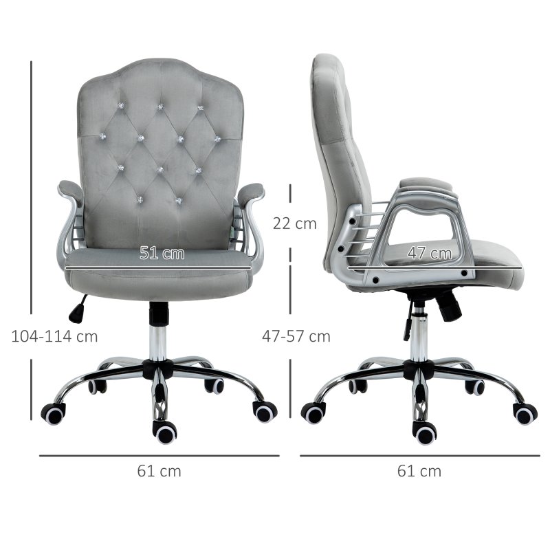 Vinsetto Home Office Chair, Velvet Computer Chair, Button Tufted Backrest with Swivel Wheels, Adjustable Height and Tilt Function, Grey