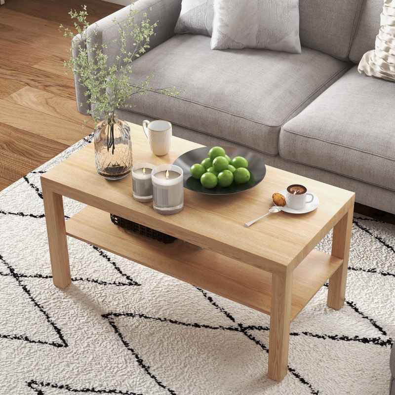 HOMCOM 2-Tier Coffee Table with Storage Shelf, Rectangular Centre Table for Living Room, Home Office, Natural Wood Finish