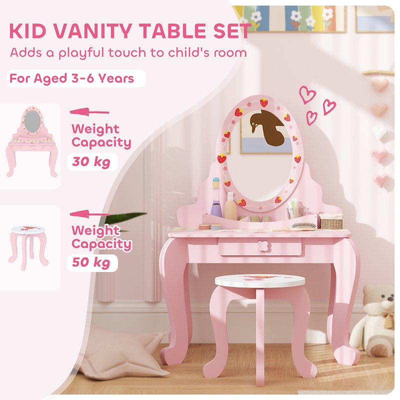 AIYAPLAY Kids Dressing Table Set, Two-Piece Children Vanity Table with Stool, Mirror, Drawer, Desktop Storage, Strawberry-Theme Makeup Desk, Chair, Pink