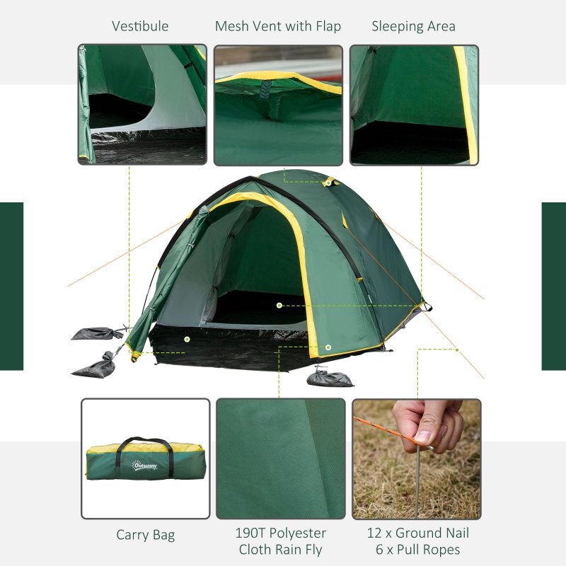 Outsunny Two-Man Camping Tent Dome Tent with Weatherproof Shell, Vestibule & Windows, for Fishing & Hiking, Green and Yellow
