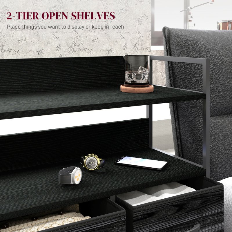 HOMCOM Bedroom Chest of Drawers, Fabric Dresser with 5 Drawers, Storage Organiser Unit with Open Shelves and Metal Frame for Living Room, Entryway