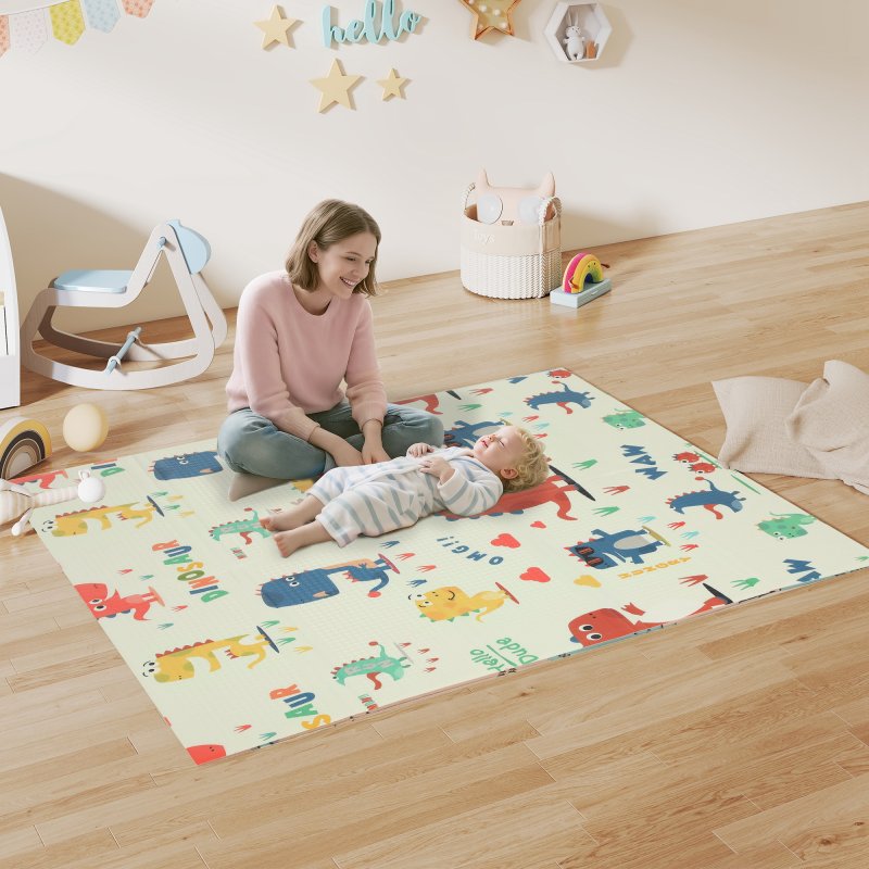 AIYAPLAY Baby Play Mat Double Sided, Foldable & Reversible Activity Playmat, Waterproof Kids Foam Crawling Mat for Outdoor Indoor Playtime Picnics, 177 x 146 x 1.5cm, Dinosaur Theme