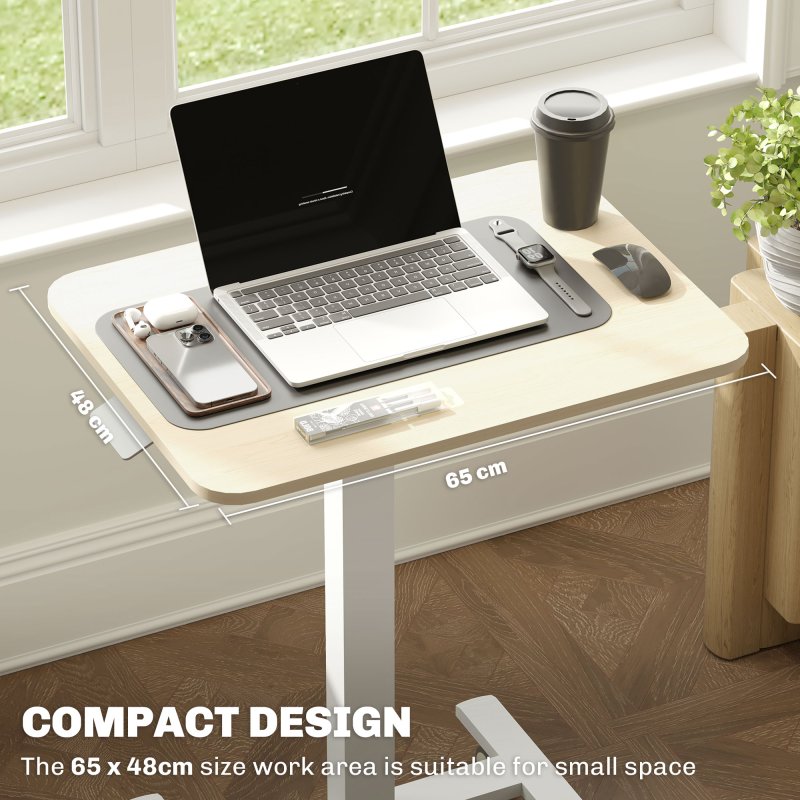 Vinsetto 65 - 48cm Mobile Standing Desk with 4 Rolling Castors, Stand Up Desk on Wheels, Height Adjustable Standing Desk, Over-bed Table for Living Room, Bedroom, Medical, Natural Wood Finish