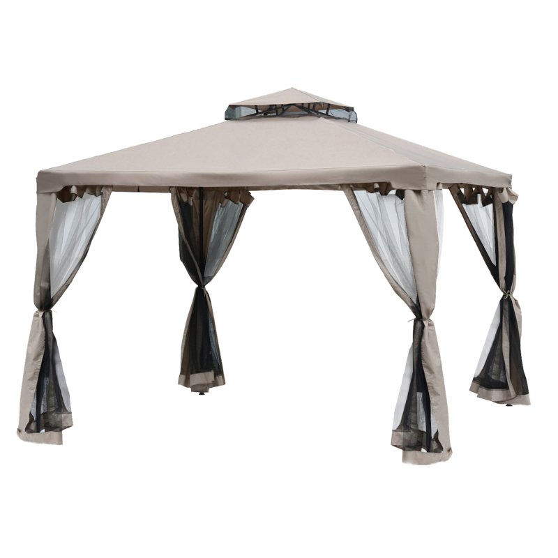 Outsunny 3 x 3 m Metal Gazebo, Garden Pavillion, Double Roof Outdoor Canopy Shelter with Mesh Sidewalls, Taupe