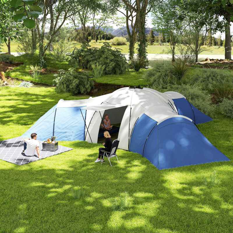 Outsunny 6-9 Man Large Tunnel Tent with 3 Bedroom, Living Area and Porch, 2000mm Waterproof Camping Tent, Portable with Bag, for Fishing Hiking Festival, Blue