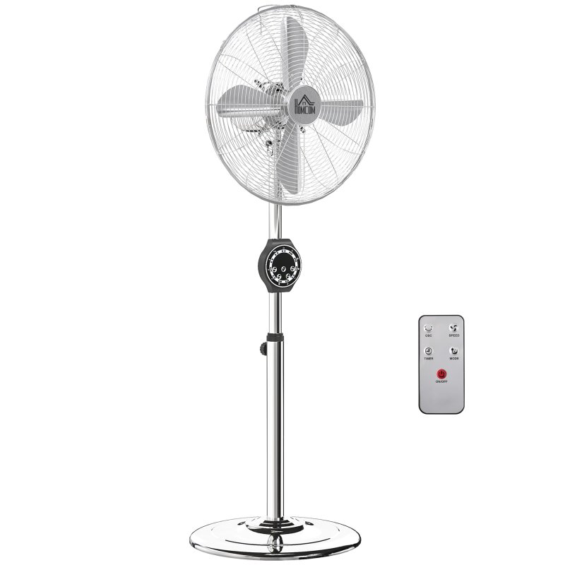 HOMCOM 16" Metal Pedestal Fan, Electric Standing Floor Fan, Oscillating, Adjustable Height, 3 Speed, 7.5H Timer, Remote Control, Sleep Mode, for Home Office Bedroom, Silver Tone