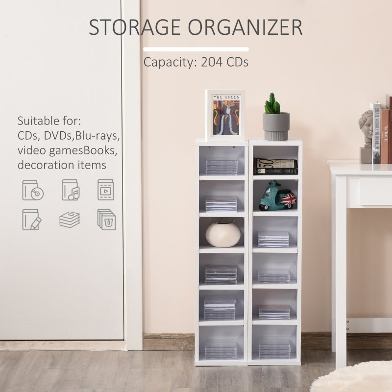 HOMCOM 204 CD Media Display Shelf Unit Set of 2 Blu-Ray Tower Rack w/ Adjustable Shelves Bookcase Storage Organiser, White