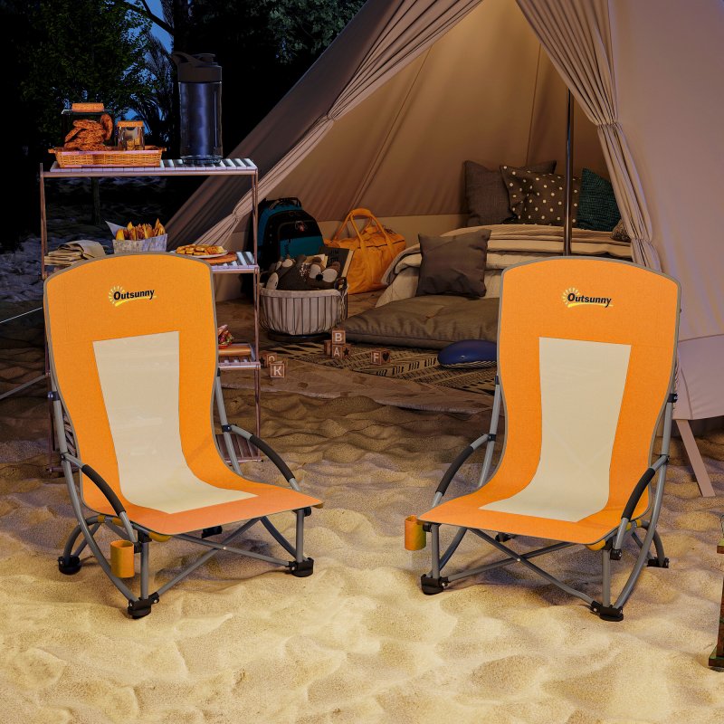 Outsunny Set of 2 Folding Beach Chair, Low Camping Chair with Mesh Back, Carry Bag and Cup Holder for Garden Outdoor Picnic Festival Travel, Orange