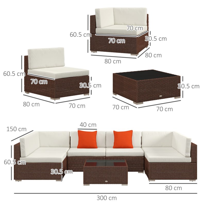 Outsunny 7 Pieces PE Rattan Garden Furniture Set with Thick Padded Cushion, Patio Garden Corner Sofa Sets with Glass Coffee Table and Pillows, Buckle Structure, Mixed Brown