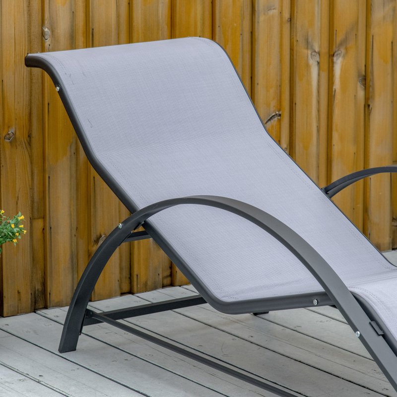 Outsunny 3 Pieces Sun Lounger Chair Set, Metal Frame Garden Outdoor Sunbathing Chair with Side Table and Armrest, Light Grey