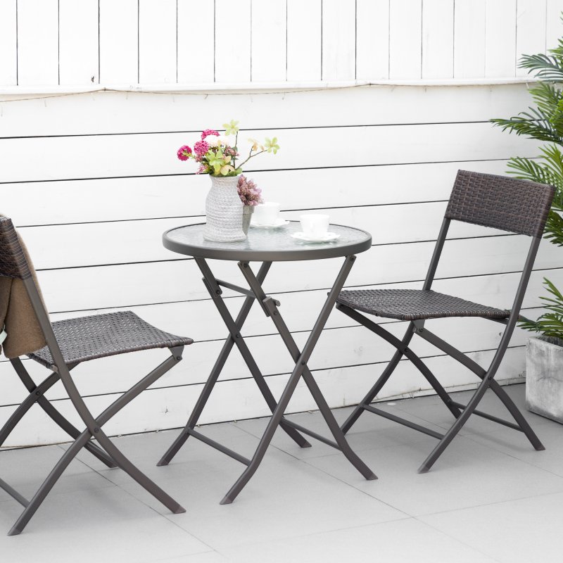 Outsunny 3 Pieces Rattan Bistro Set, Wicker Folding Garden Furniture Set with Round Glass Top Coffee Table and Chairs for Outdoor, Patio, Balcony, Brown