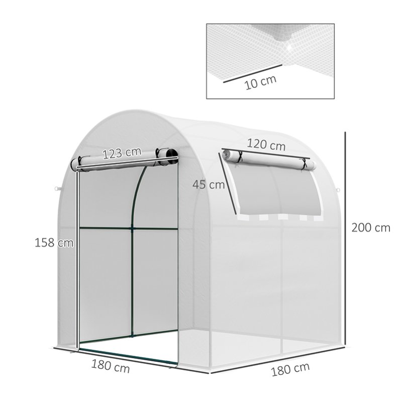 Outsunny Walk in Polytunnel Greenhouse, Tomato Greenhouse with Roll-up Window and Door, PE Cover, Steel Frame for Garden, 1.8 x 1.8 x 2 m, White
