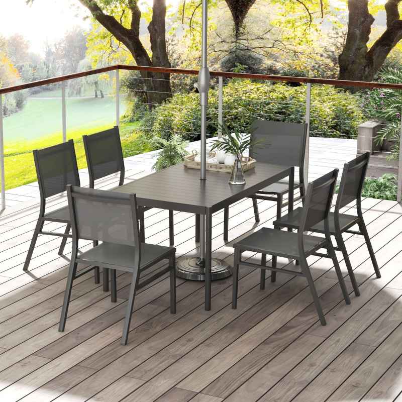 Outsunny 7 Piece Garden Dining Set, 6 Seater Garden Table and Chairs with Parasol Hole, Aluminium Top Table and Texteline Chairs, Outdoor Dining Furniture Set for Patio, Dark Grey