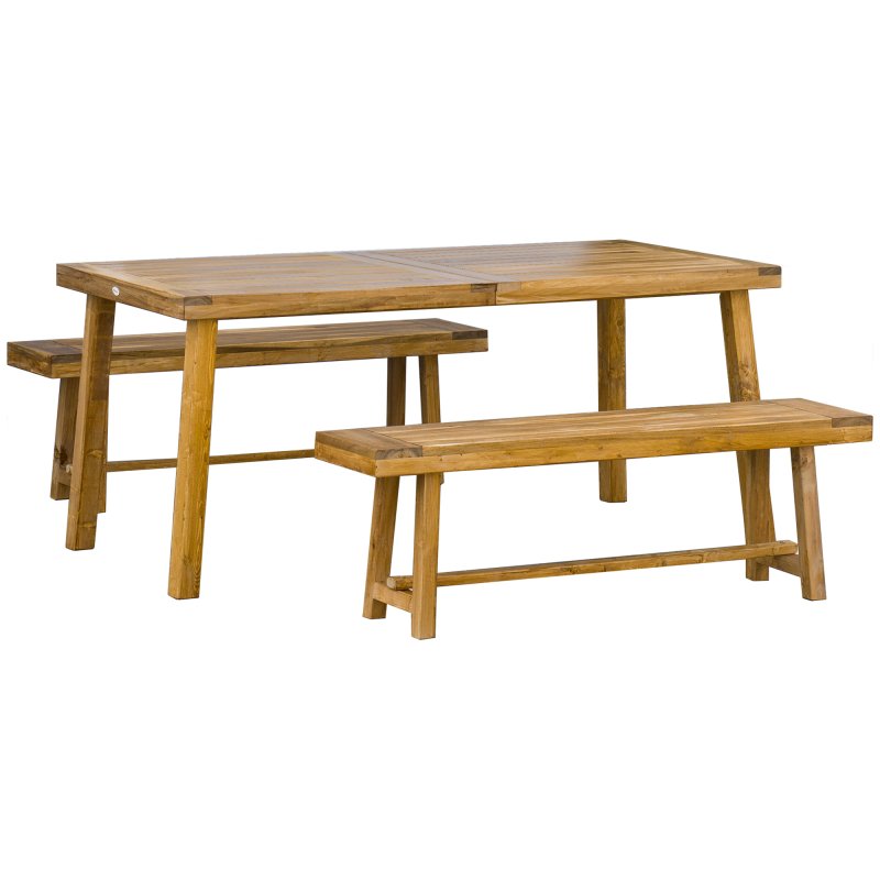 Outsunny 3 Pieces Picnic Bench Set with Table and 2 Benches, Acacia wood Dining Trestle Beer Table and Seat,  Natural Wood Finish