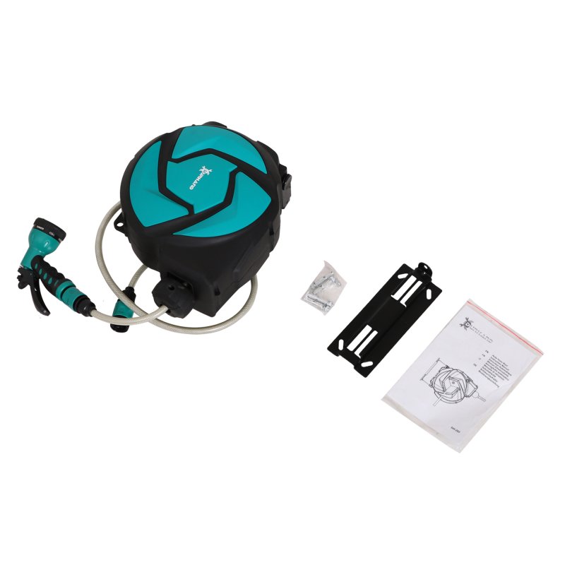 DURHAND 10m Garden Hose Reel Wall Mounted Auto Rewind with 7 Patterns Spray Nozzle, Includes Wall Fixings
