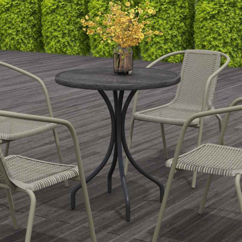 Outsunny ??66cm Garden Side Table, Round Bistro Coffee Table, Outdoor Patio Table with Steel Frame and Slat Tabletop for Balcony and Porch, Grey Wood Grain
