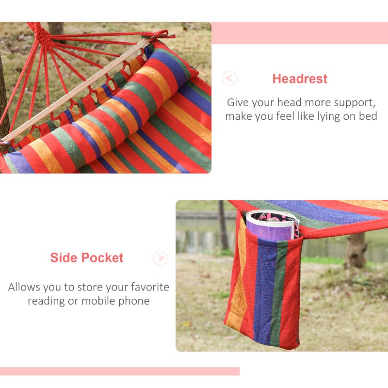 Outsunny Cotton Hammock Soft Portable Swing Sleeping w/ Headrest & Side Pocket Deluxe Swing Chair for Beach, Yard, Bedroom, Patio, Porch, Indoor, Outdoor 270 x 80 cm