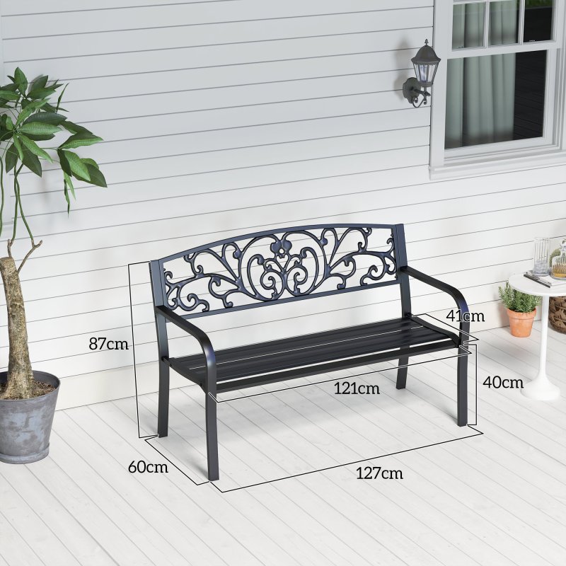 Outsunny Garden Bench, 2 Seater Metal Outdoor Bench Seat, Patio Loveseat with Armrests, Floral Backrest and Slatted Seat, 240 KG Capacity for Park, Porch, Black