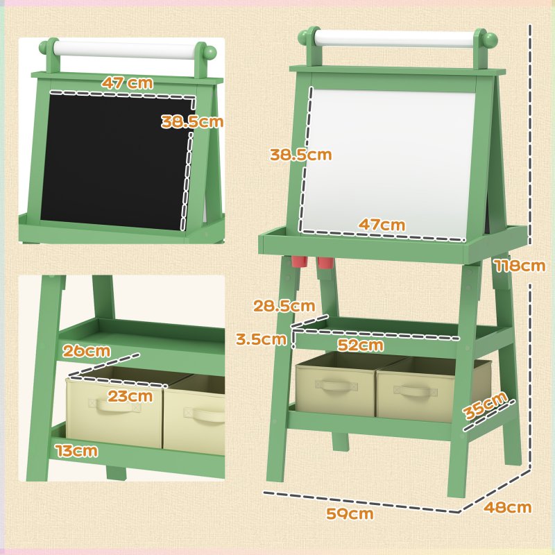 AIYAPLAY Art Easel for Kids with Paper Roll, 3 in 1 Kids Easel Double-Sided Magnetic Whiteboard and Chalkboard with Storage Baskets, for Children 3-6 Years - Green