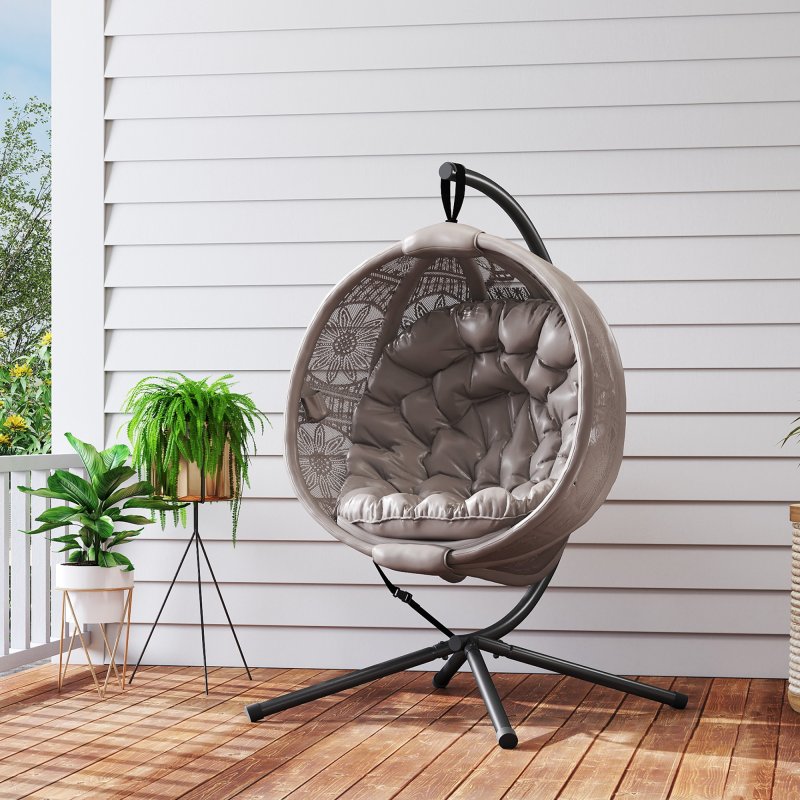 Outsunny Outdoor Hanging Chair, Swing Chair with Metal Stand, Thick Padded Cushion, Foldable Basket and Side Pocket, for Indoor and Outdoor, Sand