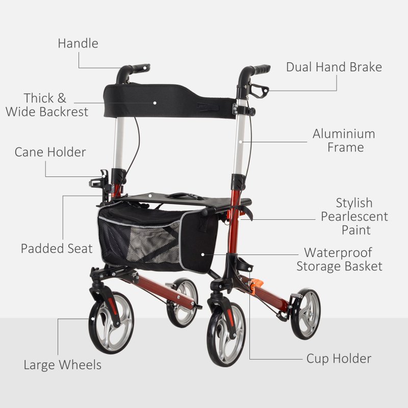 HOMCOM Folding Rollator Walker with Seat and Backrest, for Tall Over 6'9", Lightweight Walking Frame with Storage Bag, Dual Brakes, Adjustable Handle Height, Cane Holder, 4 Wheeled Walker for Seniors