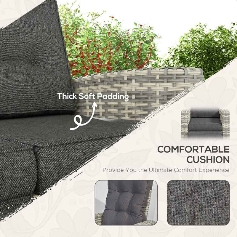 Outsunny 4 Piece Rattan Garden Furniture Set with Adjustable Backrest, Wicker Outdoor Furniture Sofa Set with Loveseat, Reclining Armchairs, Thickened Cushions and Glass Top Table, Light Grey