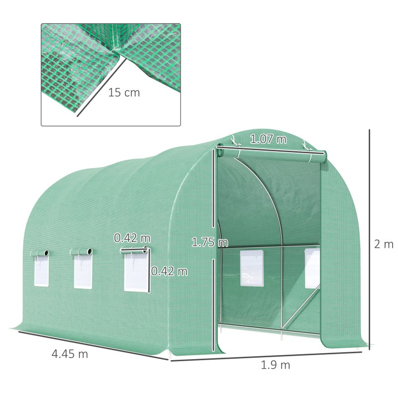 Outsunny 4.5m x 2m Walk-In Polytunnel Greenhouse, with Steel Frame, PE Cover, Roll-Up Door and 6 Windows, Green