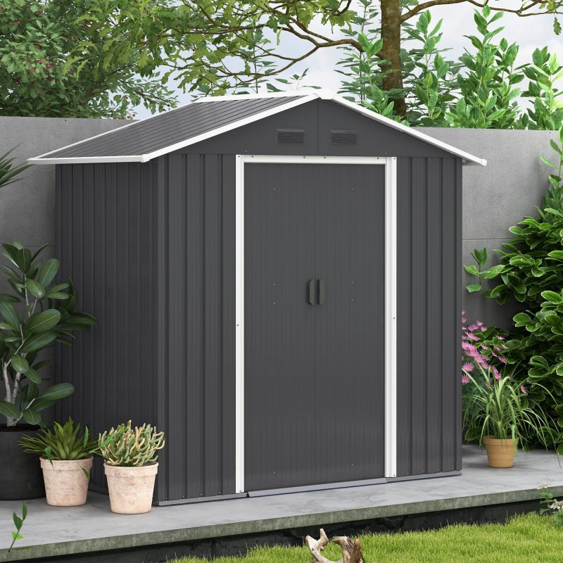 Outsunny 6.5 x 3.5ft Metal Garden Shed, Outdoor Storage Shed for Tool Organization with Double Sliding Doors and 4 Vents for Garden, Patio, Dark Grey