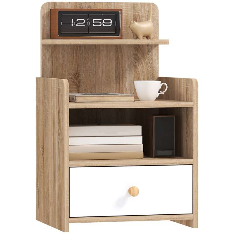 HOMCOM Bedside Table, Bedside Cabinet with Drawer, Modern Side Table with Shelf for Bedroom, Living Room, Natural Wood Effect