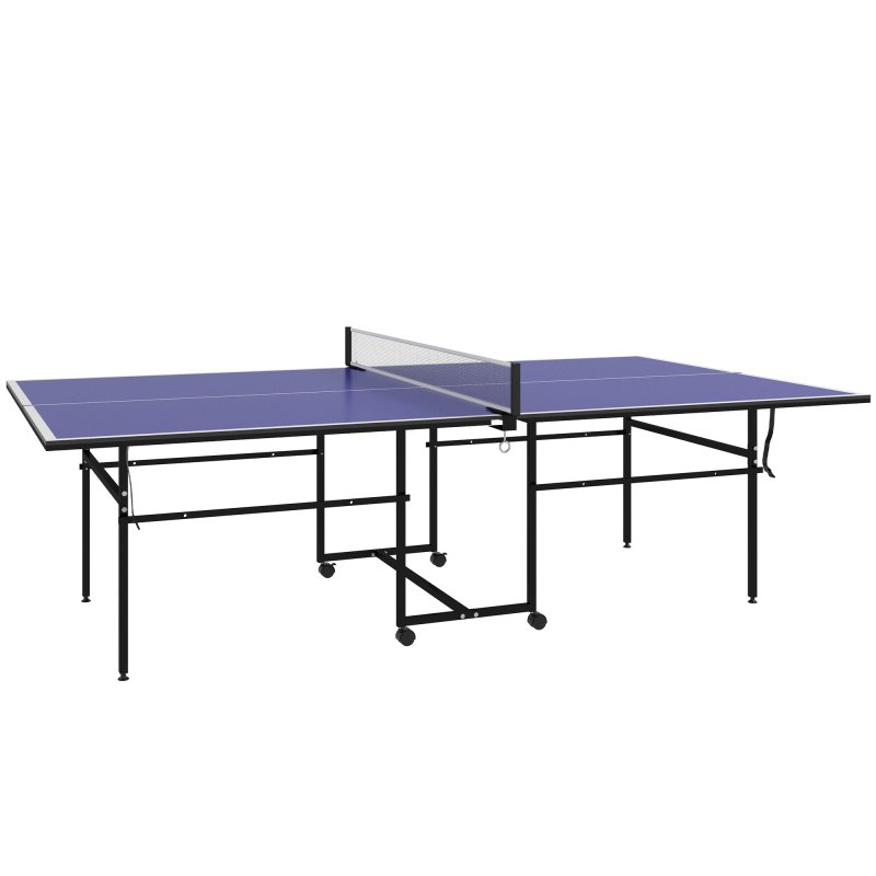SPORTNOW 9FT Folding Table Tennis Table, Portable Full-Size Ping Pong Table with 4 Wheels, 2 Bats, 3 Balls, Quick Set-Up Indoor Game Table, Blue