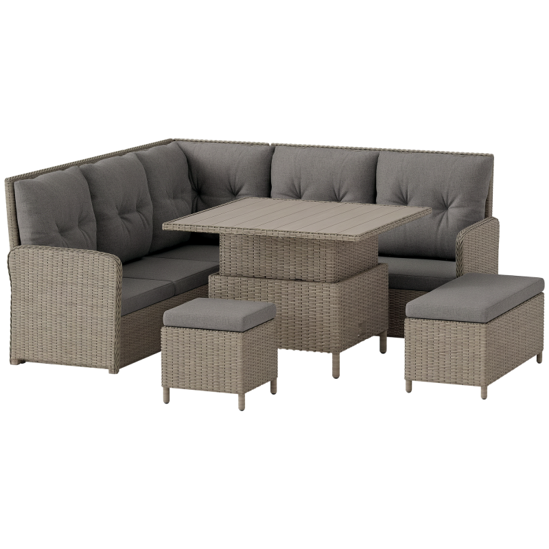 Outsunny 6 Pieces Outdoor PE Rattan Garden Furniture, Patio Wicker Sectional Conversation Corner Sofa w/ Soft Padded Cushion & Liftable Coffee Table, Light Grey