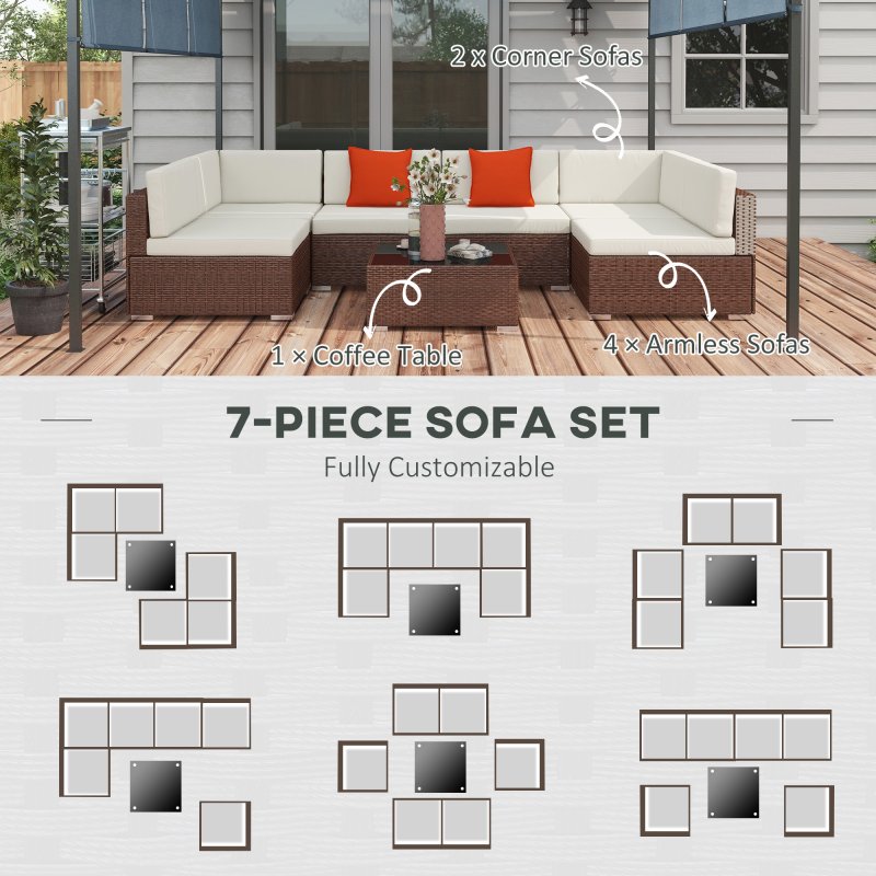 Outsunny 7 Pieces PE Rattan Garden Furniture Set with Thick Padded Cushion, Patio Garden Corner Sofa Sets with Glass Coffee Table and Pillows, Buckle Structure, Mixed Brown