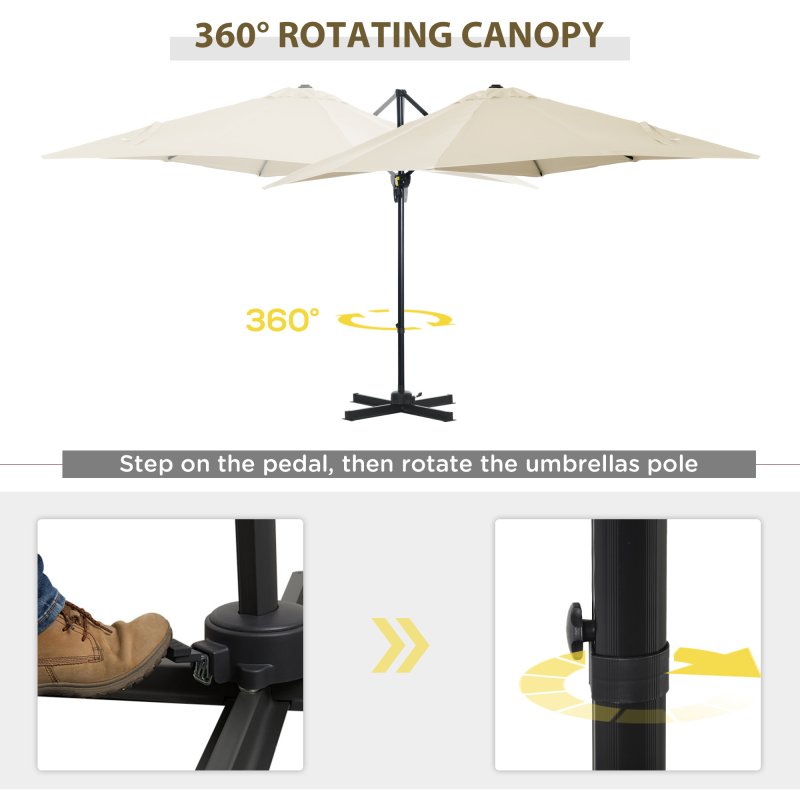 Outsunny 2.5 x 2.5m Patio Offset Parasol Umbrella Cantilever Hanging Aluminium Sun Shade Canopy Shelter 360 Rotation with Crank Handle and Cross Base, Cream White