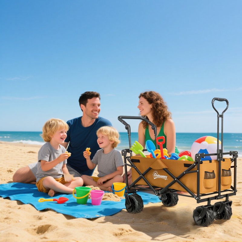 Outsunny 120L Festival Trolley on Wheels, Folding Camping Trolley Cart with Removable Canopy, All-Terrain Wheels, Adjustable Handle and Side Pockets for Garden Beach Fishing Shopping, Orange