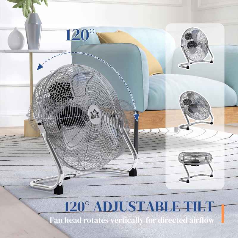 HOMCOM 16 Inches Chrome Metal Floor Fan, High Velocity 3-Speed Home Gym with Adjustable Head, Portable Desk & Table Fan Air Circulator for Home Office, Powerful Airflow, Quiet Operation