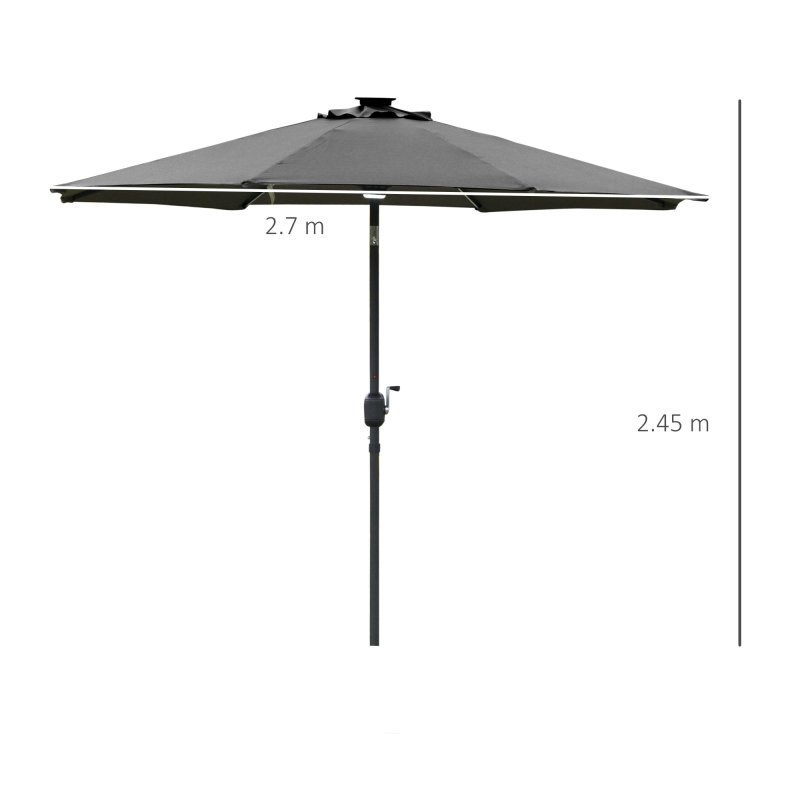 Outsunny 2.7m Garden Parasol Sun Umbrella Patio Summer Shelter w/ LED Solar Light, Angled Canopy Vent, Crank Tilt, Grey