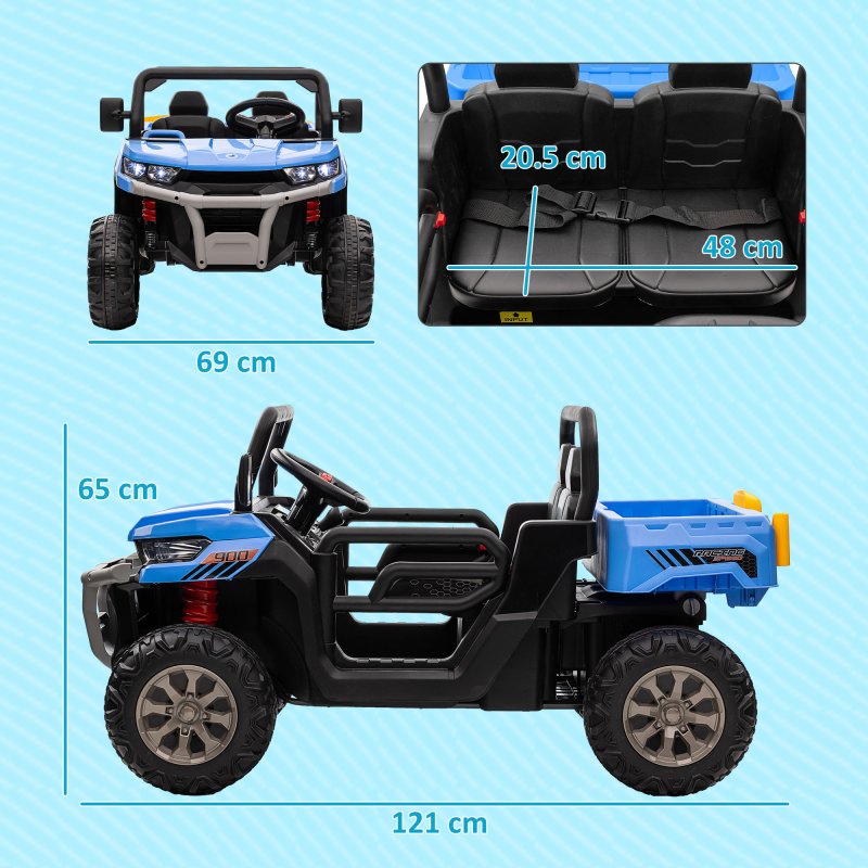 HOMCOM 2 Seater Kids Ride On Car with Electric Bucket, 12V Battery Powered Electric UTV with Shovel, Parental Remote, 4 Spring Suspension Wheels, Working Horn, Music - Blue