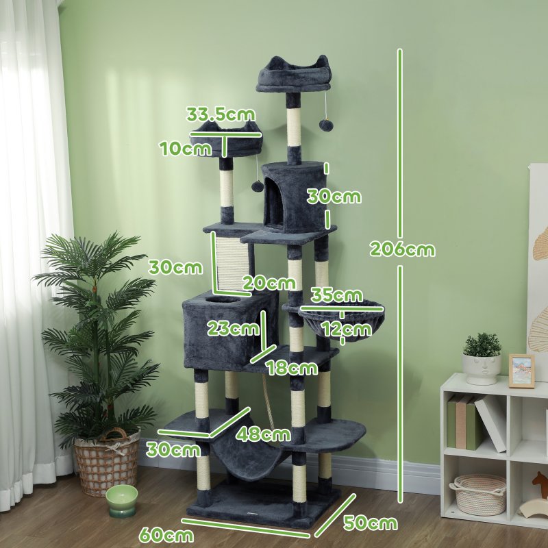 PawHut Cat Tree, 206cm Cat Tower with Sisal Scratching Posts and Board, Beds, Condos, Platforms, Hammocks, Toy Balls & Rope, Anti-Tip Kit, Kitten Activity Centre for Indoor, Dark Grey