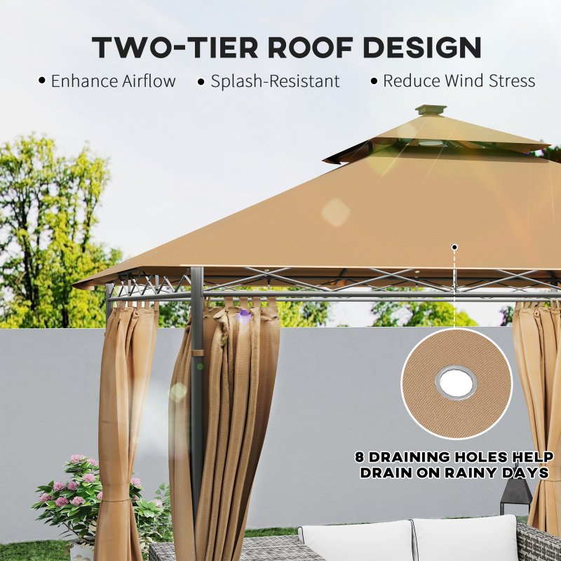 Outsunny 3 x 3 m Garden Gazebo, Double Roof Metal Gazebo with Curtains and Solar-Powered LED Lights, Outdoor Canopy Shelter for Patio, Deck, Brown