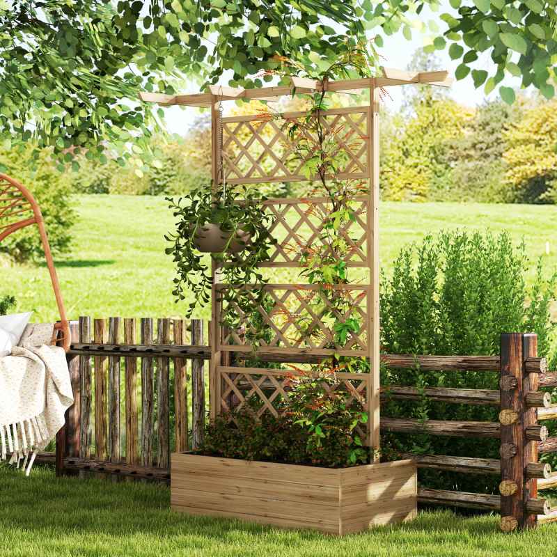 Outsunny Wood Planter with Trellis, Raised Garden Bed Privacy Screen Planter Box to Grow Vegetables, Herbs and Flowers for Garden, Patio, Deck, Natural